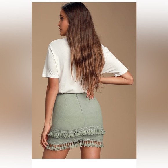 Lulus Sekera Sage Green Tassel Mini Skirt size medium - Picture 2 of 7